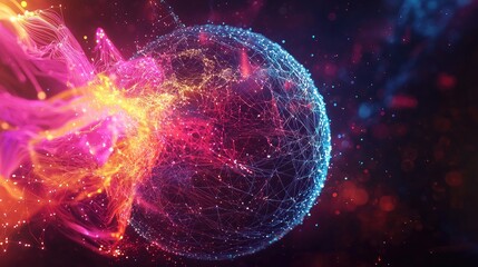 Poster - Explore a captivating visualization of digital networks featuring a colorful wireframe globe and flowing data connections set against a dark background. Perfect for techn
