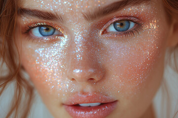 Wall Mural - A close-up portrait of a woman showcasing glitter makeup, with shimmering eyeshadow and sparkling highlights, creating a glamorous and festive look.