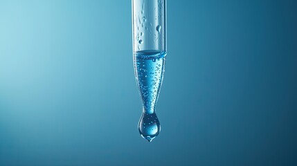 Leinwandbilder - Close-up view of a laboratory pipette as it carefully drops a vibrant blue liquid into a clear test tube, set against a soft-focus blue background, exemplifying precision