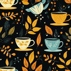 Wall Mural - A seamless pattern of leaves and cups with yellow, blue, and orange colors on a black background