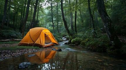 outdoor camping in a serene natural setting, the tent positioned near a quiet forest stream, with th