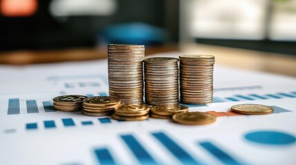Aufkleber - A professional setting showcasing financial analysis with stacked coins and detailed business graphs, illustrating investment growth and economic planning strategies.