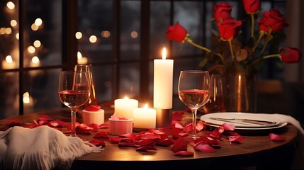 Wall Mural - A romantic table for two with candles, rose petals, and wine, perfect for Valentinea??s Day.