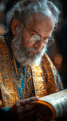 Wall Mural - A close-up of a rabbi reading the Torah during a Purim service in a synagogue, with the festive atmosphere of the holiday subtly reflected in the decorations around the sacred reading.