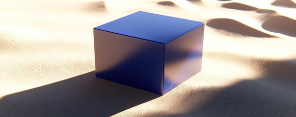 Poster - A simple blue cube resting on a sandy surface, casting shadows in a serene environment.