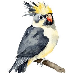 A watercolor illustration of a cockatiel fluffing its feathers, isolated on a white background. Cockatiel vector.
