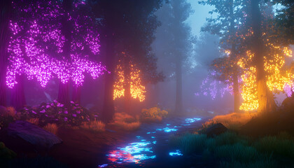 Wall Mural - forest scene with neon-lit vines illuminating the surrounding area with vibrant hues -