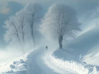 Wall Mural - A cold, snow-covered landscape with trees, mist, and a lone figure walking in the distance, evoking a chilly, wintry atmosphere.