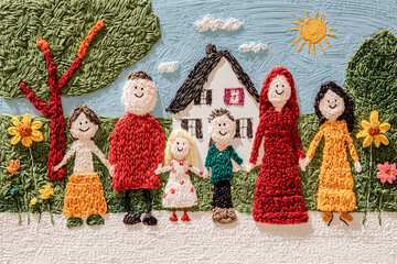 Wall Mural - A cheerful child’s drawing of a family in the park, using bright, simple crayon colors and playful shapes.