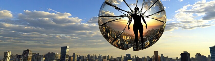 Wall Mural - A surreal scene depicting a figure within a shattered sphere, overlooking a cityscape at sunset.