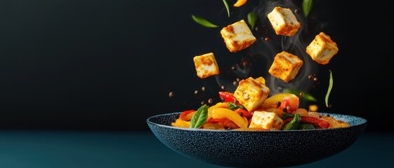 Wall Mural - Concept of flying food ingredients in freeze motion. Vibrant stir-fried vegetables and tofu in a dynamic presentation