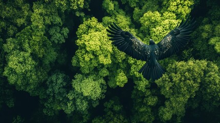 Sticker - Black bird soars above lush green canopy.