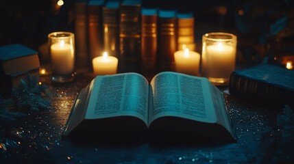 Wall Mural - Education, fantasy and spiritual with book and light on table for fairytale, imagination and night. Glitter, storytelling and story literature on a dark background for learning, Generative AI