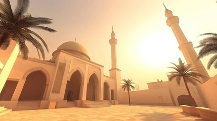 Wall Mural - A serene architectural scene featuring a mosque with palm trees under a sunset.