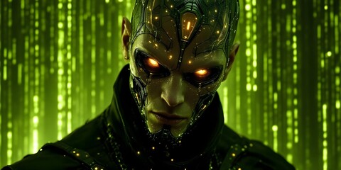 Futuristic Cyborg with Yellow Code Rain Effect