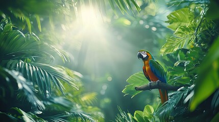 Wall Mural - A vibrant parrot perched amidst lush tropical foliage, illuminated by soft sunlight.