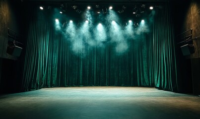 Wall Mural - Empty theater stage with red velvet curtains. Spotlight showtime copy space, Generative AI