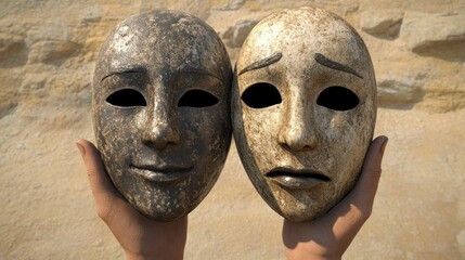 Two hands hold antique theatrical masks, one happy, one sad, against a tan rock background.