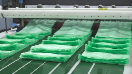 Poster - Automatic polyethylene plastic bag production machine with lighting effect. Close-up of the roller of the plastic bag production machine in the light blue scene. product packaging concept