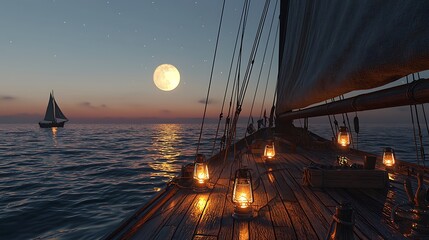 Wall Mural - A View from the Deck of a Sailing Ship at Night with a Full Moon.