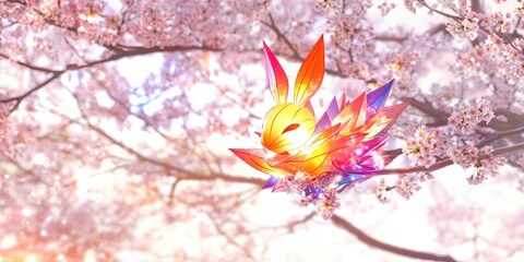 Canvas Print - A colorful, crystal-like creature amidst cherry blossom branches.