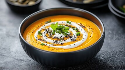 Wall Mural - Bright orange sweet potato soup garnished with pumpkin seeds and cream in a sleek black bowl for modern dining. food background for menu, book, website