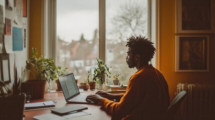 Wall Mural - cozy workspace with laptop, desk, and plants.