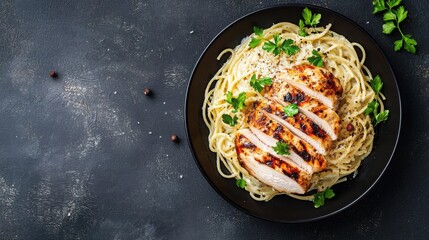 Wall Mural - A delicious plate of grilled chicken served over creamy pasta, garnished with fresh parsley on a dark background.