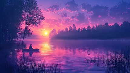 Wall Mural - Serene Sunset Fishing A Solitary Figure in a Boat on a Calm Purple Lake at Dusk.