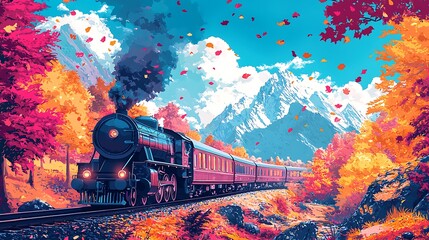 Wall Mural - A Vintage Steam Train Journey Through a Vibrant Autumn Landscape.