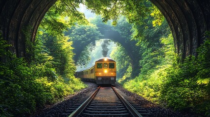 Wall Mural - A Vintage Train Emerging from a Lush Green Tunnel.