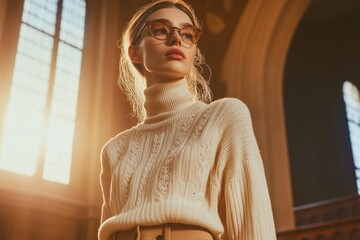 Wall Mural - Young woman, light sweater, sunlit room, pensive expression.