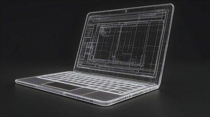 A wireframe rendering of a laptop showing keyboard, screen, and interior layout