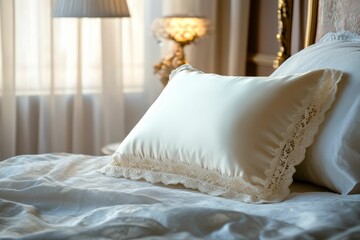 Sticker - Cream pillow, lace trim, luxurious bedding, sunlight.