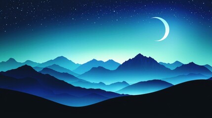 Wall Mural - a serene view captures a thin crescent moon just above the horizon, its faint light outlining the da