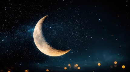 Wall Mural - a crescent moon hangs serenely in a velvety dark sky, surrounded by a dazzling array of stars, creat