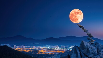 Wall Mural - a time lapse image captures the movement of a supermoon as it ascends into the night sky, showcasing