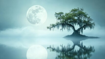Wall Mural - a mystical scene of a full moon reflected on the surface of a misty swamp, with gnarled trees and sp