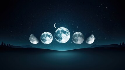 Wall Mural - an illustrative chart depicting all eight phases of the moon, from new moon to full moon and back, c
