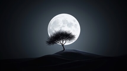 Wall Mural - the dark silhouette of a lone tree stands starkly against a backdrop of a large, glowing full moon, 