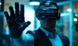 © Patel Studio - Businessman, hand and vr headset in office for interactive training simulation with gloves for tracking motion. Male person and technology for digital meeting in metaverse for, Generative AI