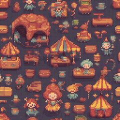 Wall Mural - Pixel art circus pattern, vibrant and colorful.