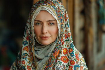 A close-up portrait of a woman in traditional Bulgarian costume, emphasizing the intricate embroidery and the serene expression that reflects the pride of Bulgarian cultural traditions.