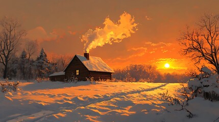Wall Mural - snowcovered rural landscape with a wooden cabin smoke rising from the chimney and soft golden light 