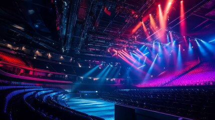 Poster - Empty auditorium, colorful stage lighting, rows of seats.