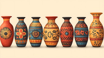 Canvas Print - Row of Seven Ornate Hand-Painted Vases with Vibrant Floral and Geometric Designs.