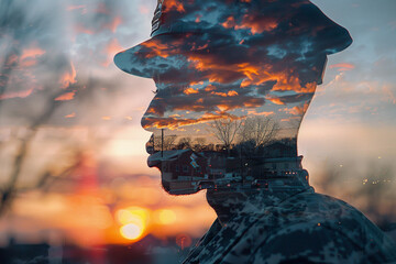 Wall Mural - generative ai double exposure picture showing a silhouette of a worker against a backdrop of city li