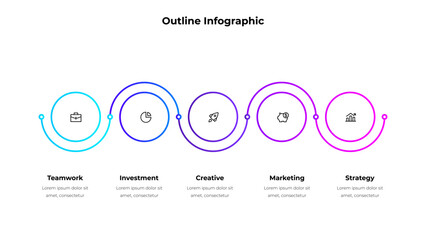 Poster - Five outline circle elements in horizontal row for infographic and presentation. Concept of 5 steps of business development process.