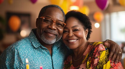 Happy senior couple with beaming smiles celebrating together, surrounded by colorful balloons, embracing love and joy in a vibrant setting.