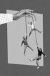 © deagreez - Collage photo of three people hanging string rope hand hold them funny excited reaction manipulation exploitation isolated on blue background